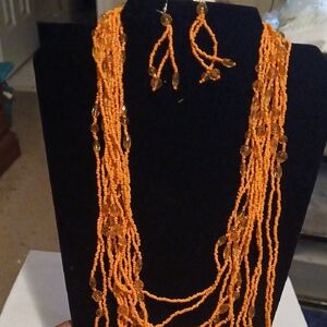 Orange Beaded Vintage Necklace and Earring Set